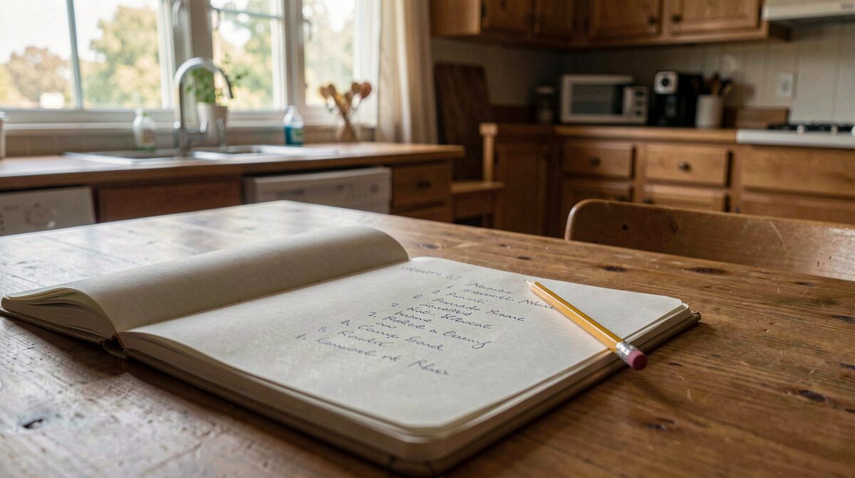 Une table de cuisine en bois dans un local de quartier, lumière naturelle de fin d'après-midi par la fenêtre, vue rapprochée sur un cahier ouvert, un crayon et une liste de noms écrite à la main.