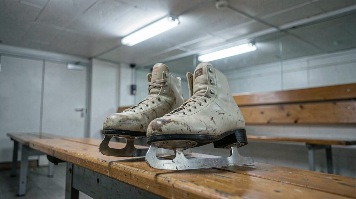 Une paire de patins d'occasion posée sur un banc de bois dans un vestiaire d'aréna, lames vers le bas, lumière froide d'un néon au plafond, cadrage serré sur les patins et le banc.