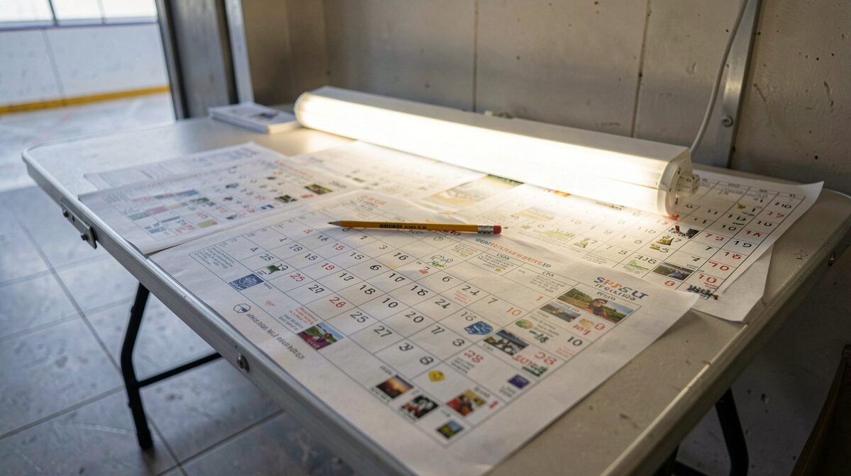 Une table pliante dans un vestiaire de patinoire, couverte de feuilles de calendrier et de listes de groupes, éclairée par un néon blanc, cadrage serré sur les feuilles et un crayon posé dessus.