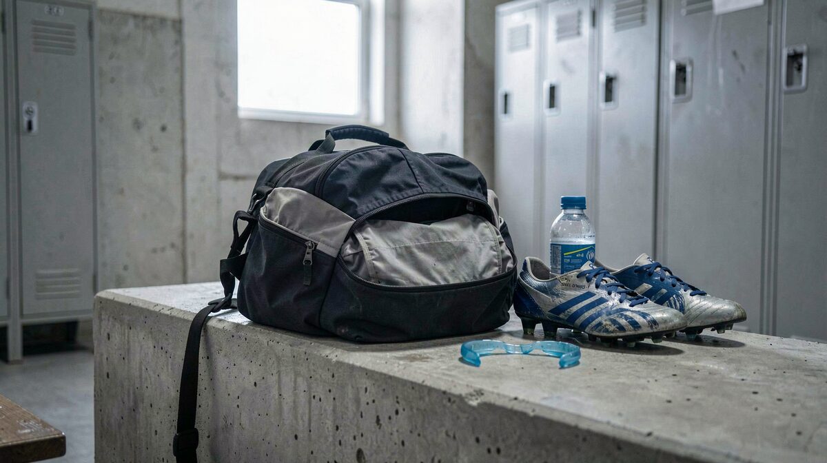 Un sac de sport ouvert sur un banc de vestiaire en béton, crampons et protège-dents visibles à côté d'une gourde, lumière froide d'un plafonnier, cadrage serré à hauteur de banc