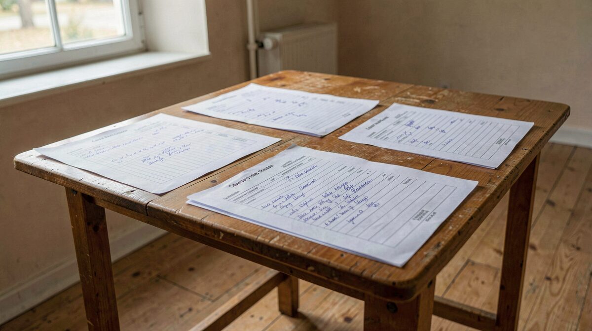 Une table pliante en bois dans une salle municipale, couverte de bulletins d'inscription manuscrits et d'un règlement agrafé, lumière naturelle d'après-midi entrant par une fenêtre latérale, cadrage serré à hauteur de table.